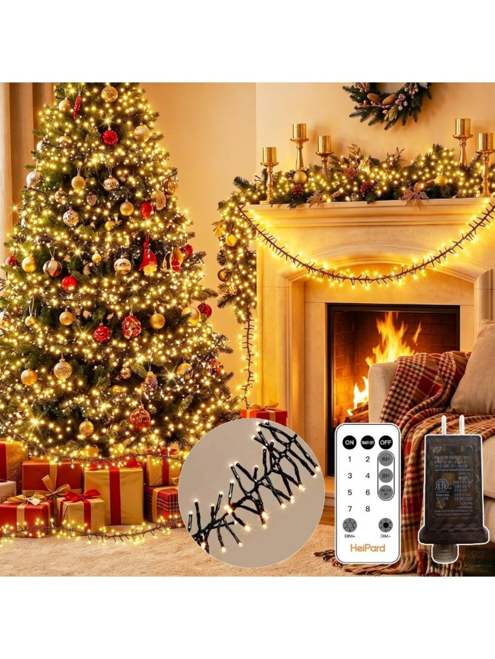 1000 LED 49FT Cluster Lights, Plug in Warm White Christmas Lights